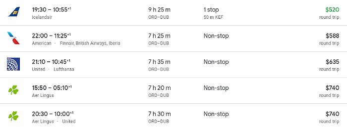 Flight prices from Chicago to Dublin